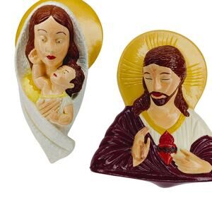 Hand Painted Jesus /Mother Mary Sacred Heart Religious Wall Art Hangings 3d Set